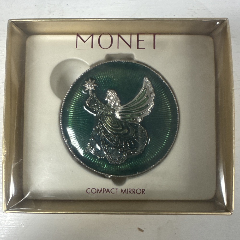 MONET Green Angel Compact Collectible Keepsake Hinged Double Mirror Crystals‎